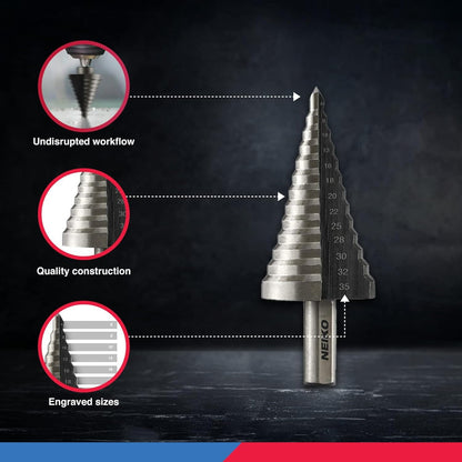 10198A Step Drill Bit Set | 5 Piece, 4Mm- 35Mm | Metric Titanium High Speed Steel Unibit, Stepper Cone Drill Bit | Two Flute Step down Bits, 135 Degree Point